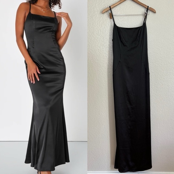 NWOT Black Satin Backless Mermaid Maxi Dress - Picture 1 of 9